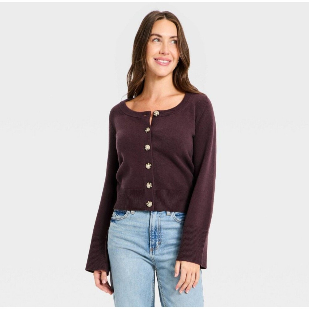 Women's Universal Thread Button Down Scoop Neck Cardigan Sweater Plum Purple XL